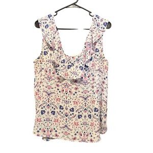 GAP Womens Large Floral Ruffle V-Neck Sleeveless Blouse White Pink Blue Boho Top